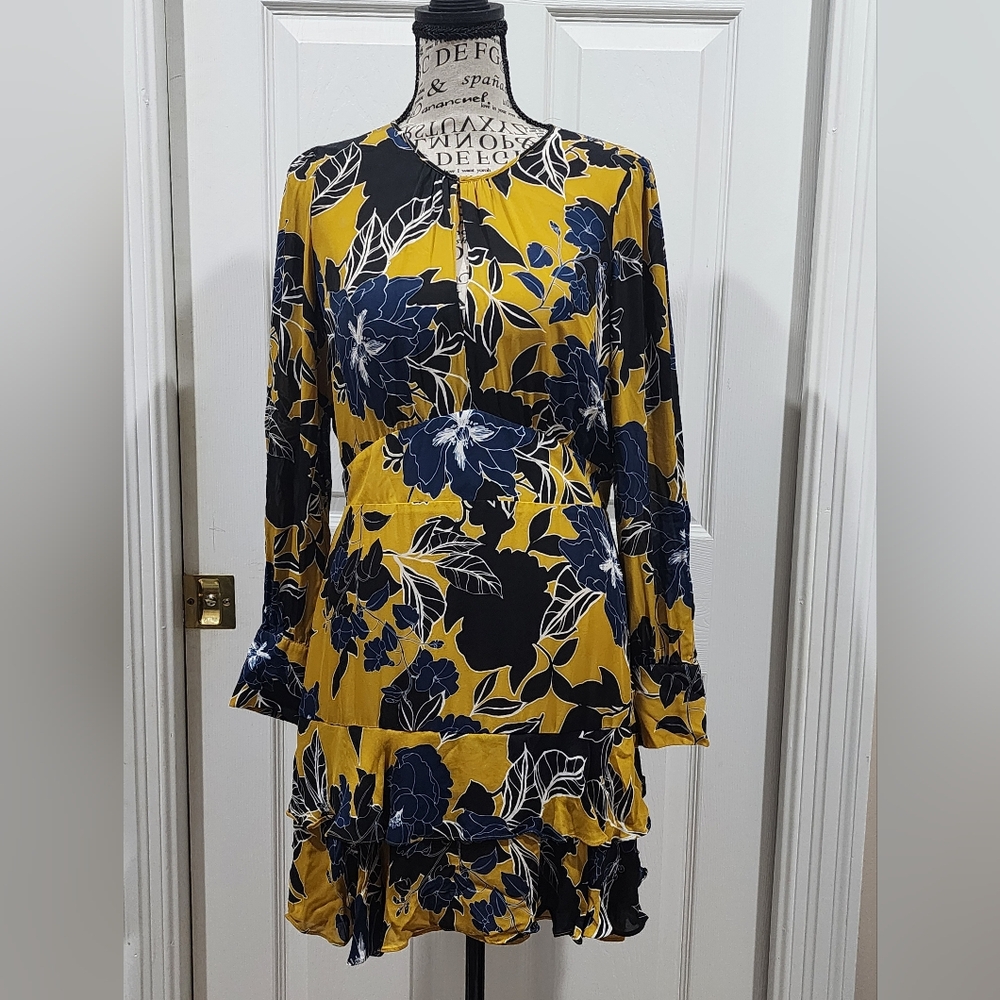 Parker Yellow and Blue Floral Long Sleeve Dress 100% SILK